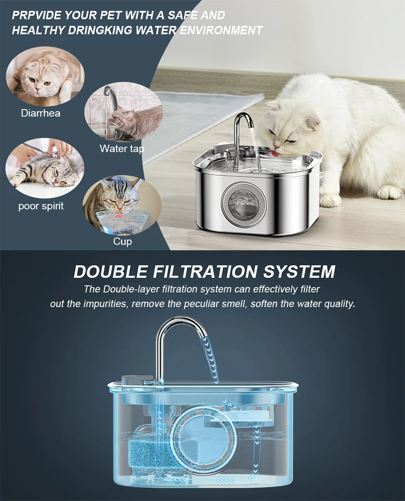 Pet Water Fountain 304 Stainless Steel Automatic Cat Drinking Fountain 3.2L 108oz Super Quiet Pets Auto FilterCats Water Fountai