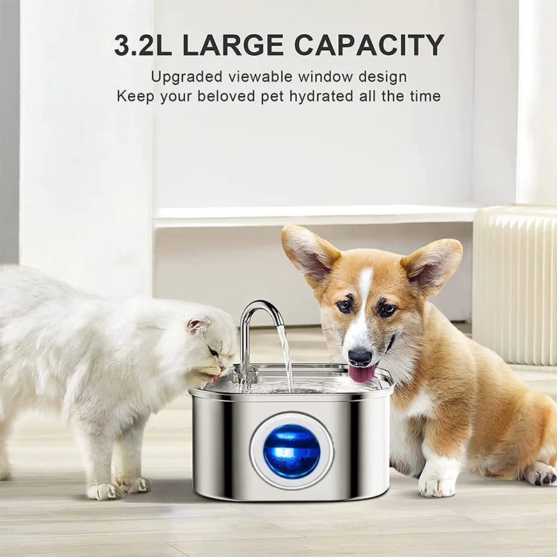 Pet Water Fountain 304 Stainless Steel Automatic Cat Drinking Fountain 3.2L 108oz Super Quiet Pets Auto FilterCats Water Fountai