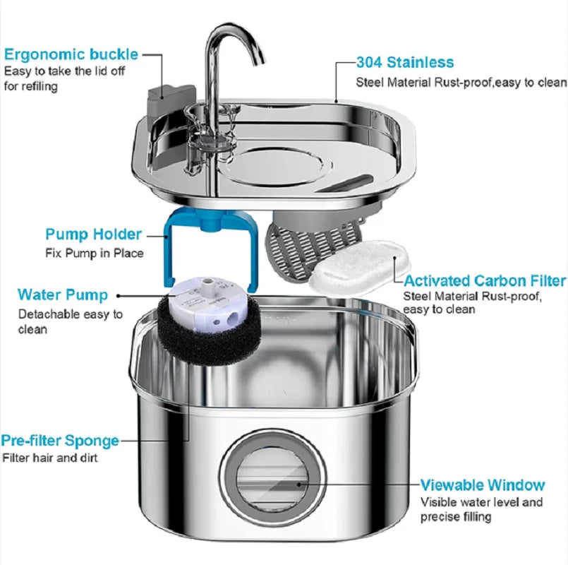 Pet Water Fountain 304 Stainless Steel Automatic Cat Drinking Fountain 3.2L 108oz Super Quiet Pets Auto FilterCats Water Fountai