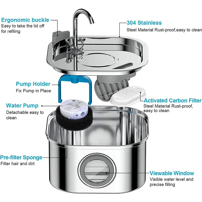 Pet Water Fountain 304 Stainless Steel Automatic Cat Drinking Fountain 3.2L 108oz Super Quiet Pets Auto FilterCats Water Fountai